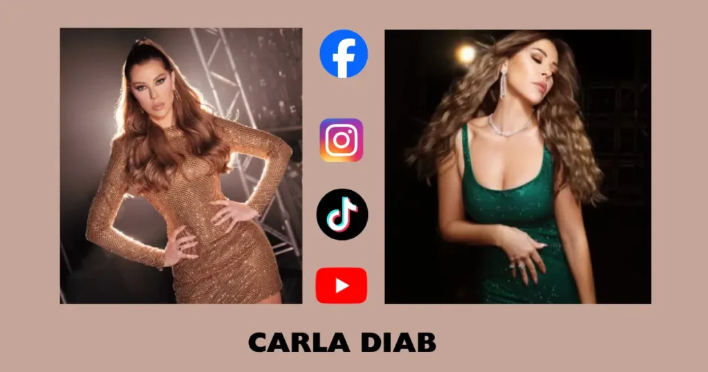 Carla Diab featured in a glamorous fashion banner wearing gold and green evening dresses.
Stylish portraits of Carla Diab with social media icons for Instagram, Facebook, TikTok, and YouTube.
High-fashion Carla Diab collage showcasing luxury outfits and elegant studio lighting.