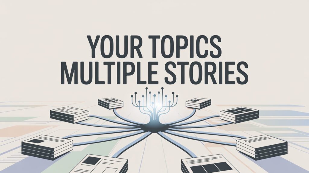 Conceptual image explaining Your Topics Multiple Stories, where one message branches into multiple topics.
Shows how topic dispersion appears in AI tools and digital communication systems.