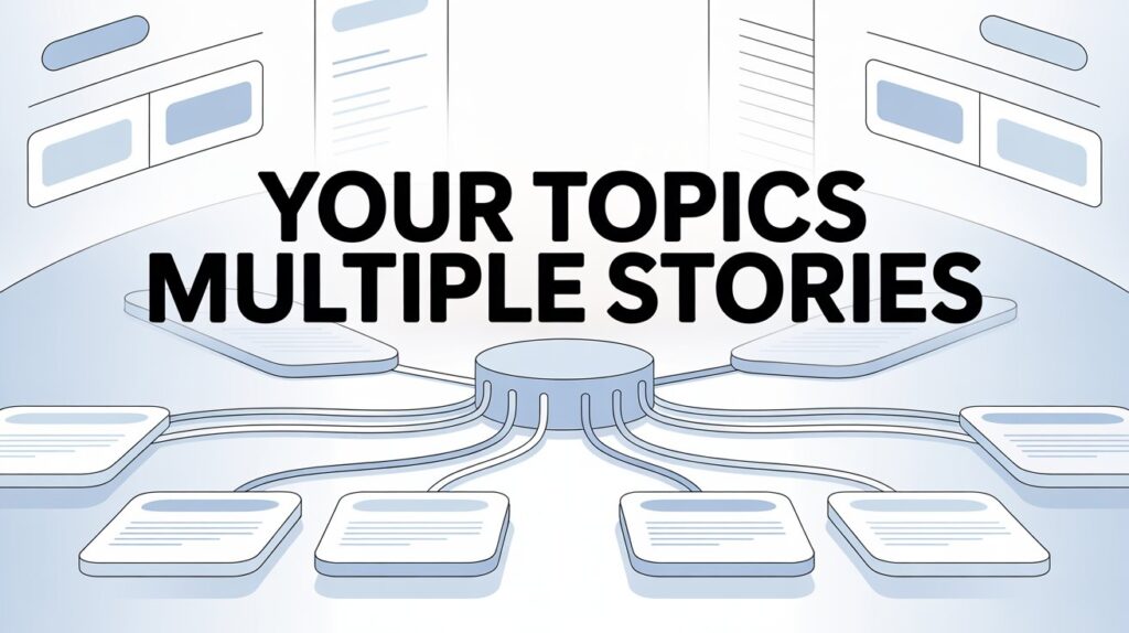 Conceptual image explaining Your Topics Multiple Stories, where one message branches into multiple topics.
Shows how topic dispersion appears in AI tools and digital communication systems.